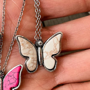 Butterfly Stone Pendant Western Choker Necklace White